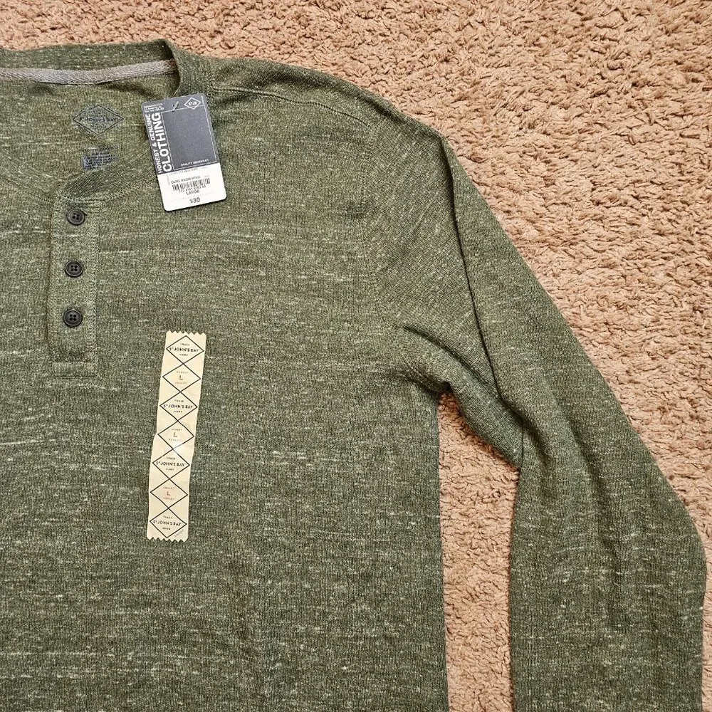 NWT St Johns Bay Henley Shirt Men L Olive Green Long Sleeve Buttons Casual - Picture 3 of 13